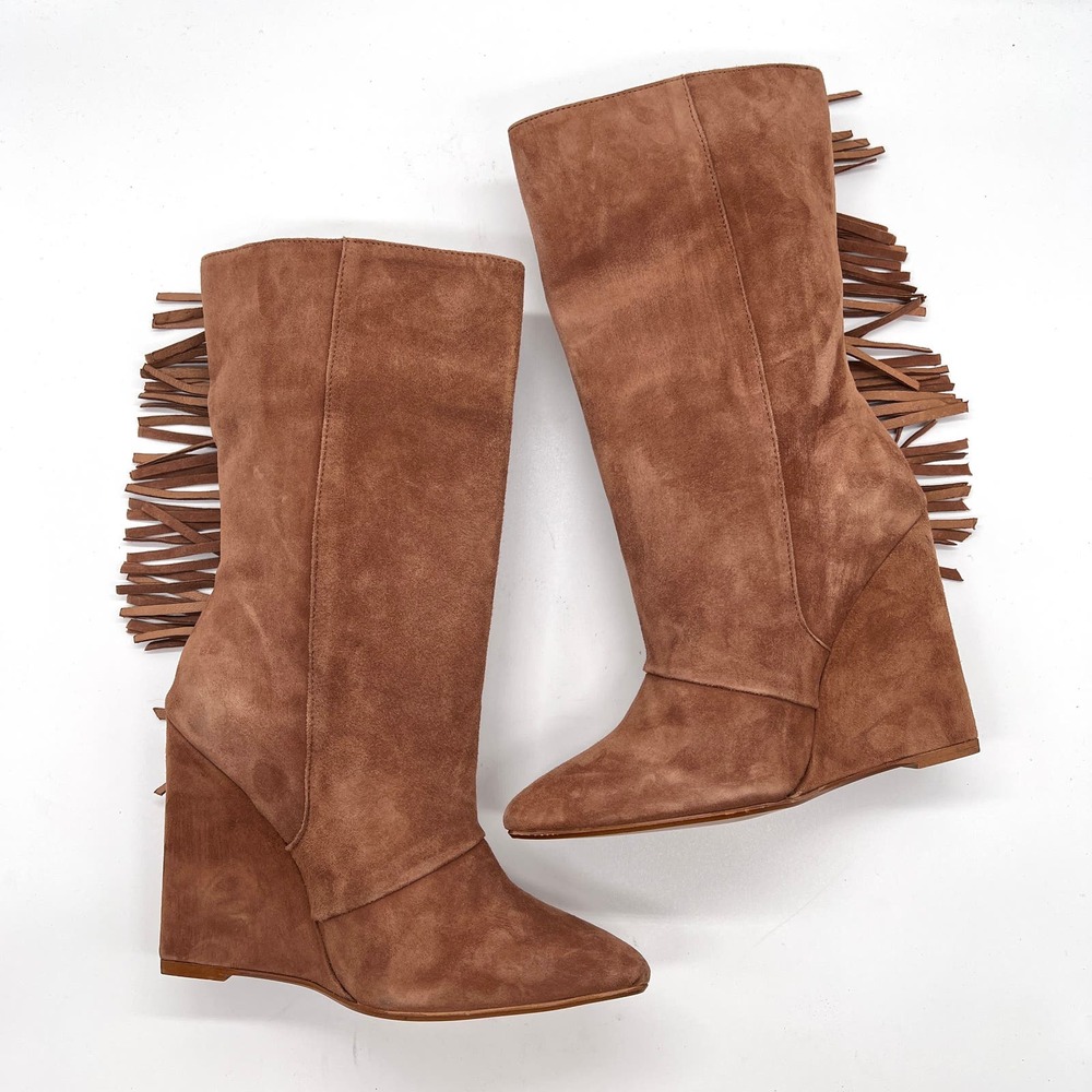MARABELLE Suede Fringe Wedge Boot Womens 38 Brown Knee High Pointy Toe Pull On - Picture 6 of 16